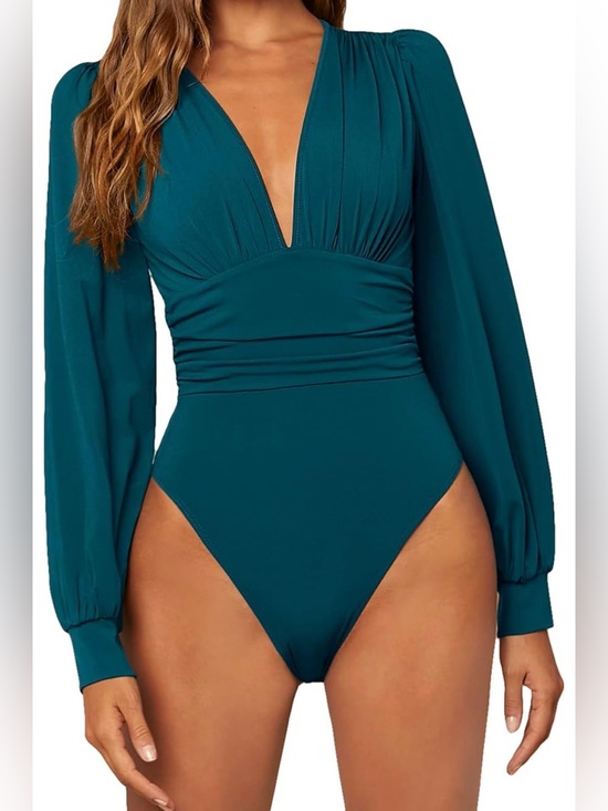 Tops - Teal Deep Plunge Long Sleeve Bodysuit Size Medium